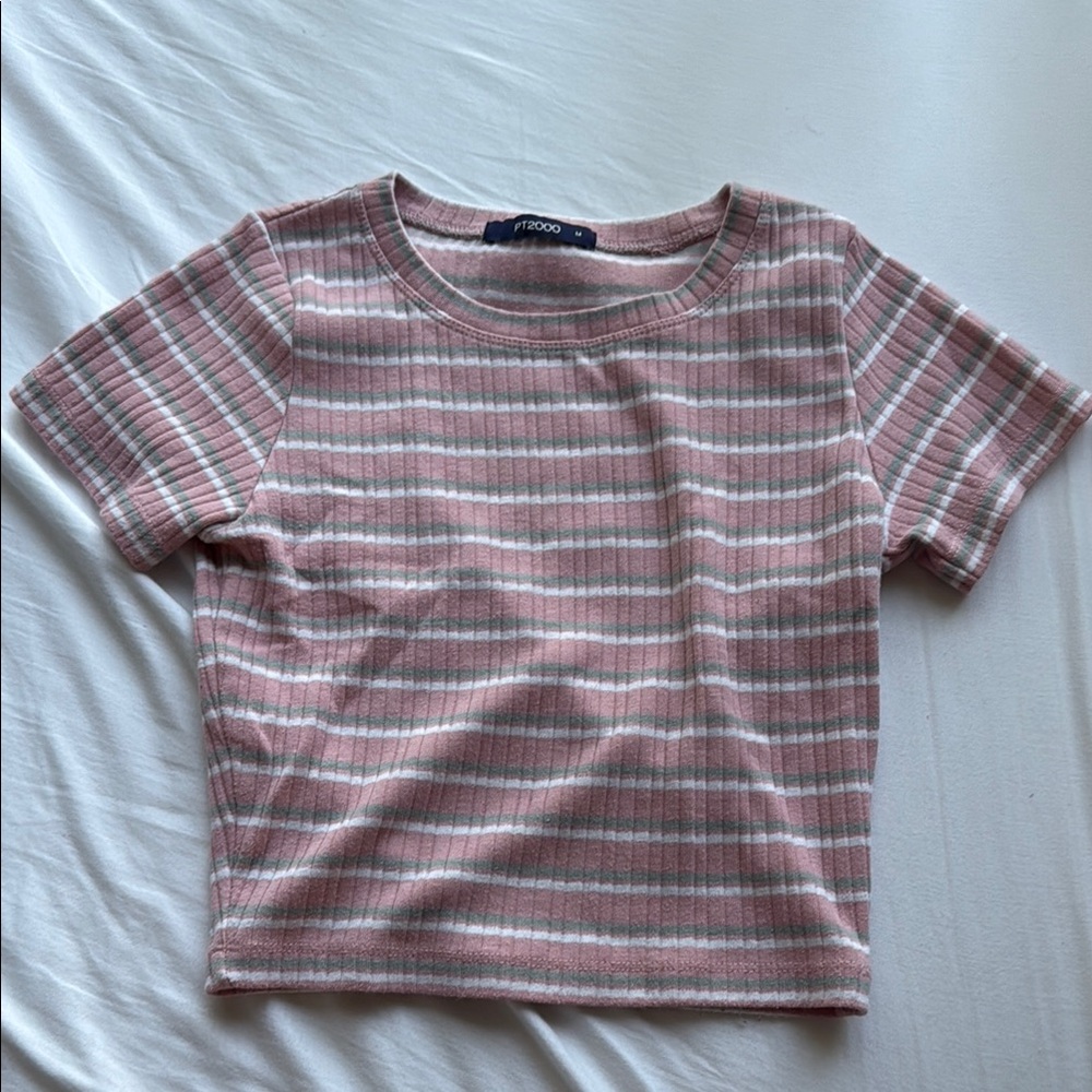 Striped Pink and White Ribbed Crop Top